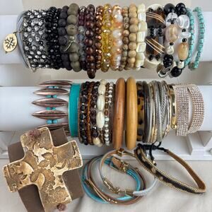 Vintage to Now Boho Bracelet Lot Wooden Turquoise Cross Bead Gold Tone Western